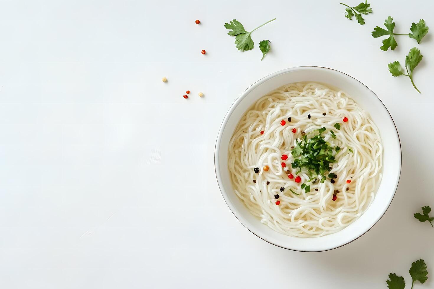 Overhead shot shows steaming noodle soup with red pepper and parsley on a table photo