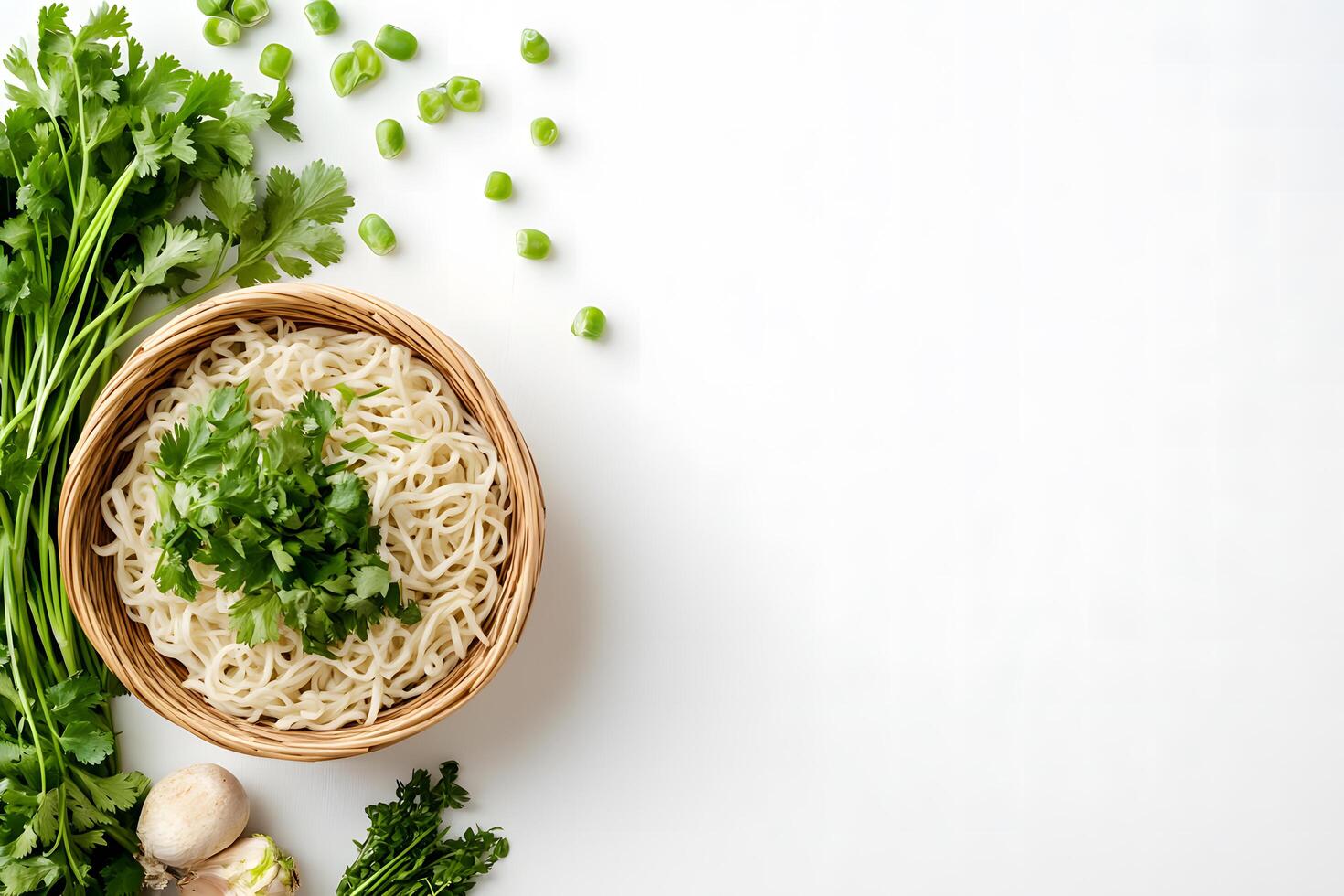 Woven bowl holds noodles and fresh herbs like cilantro, along with peas on white photo
