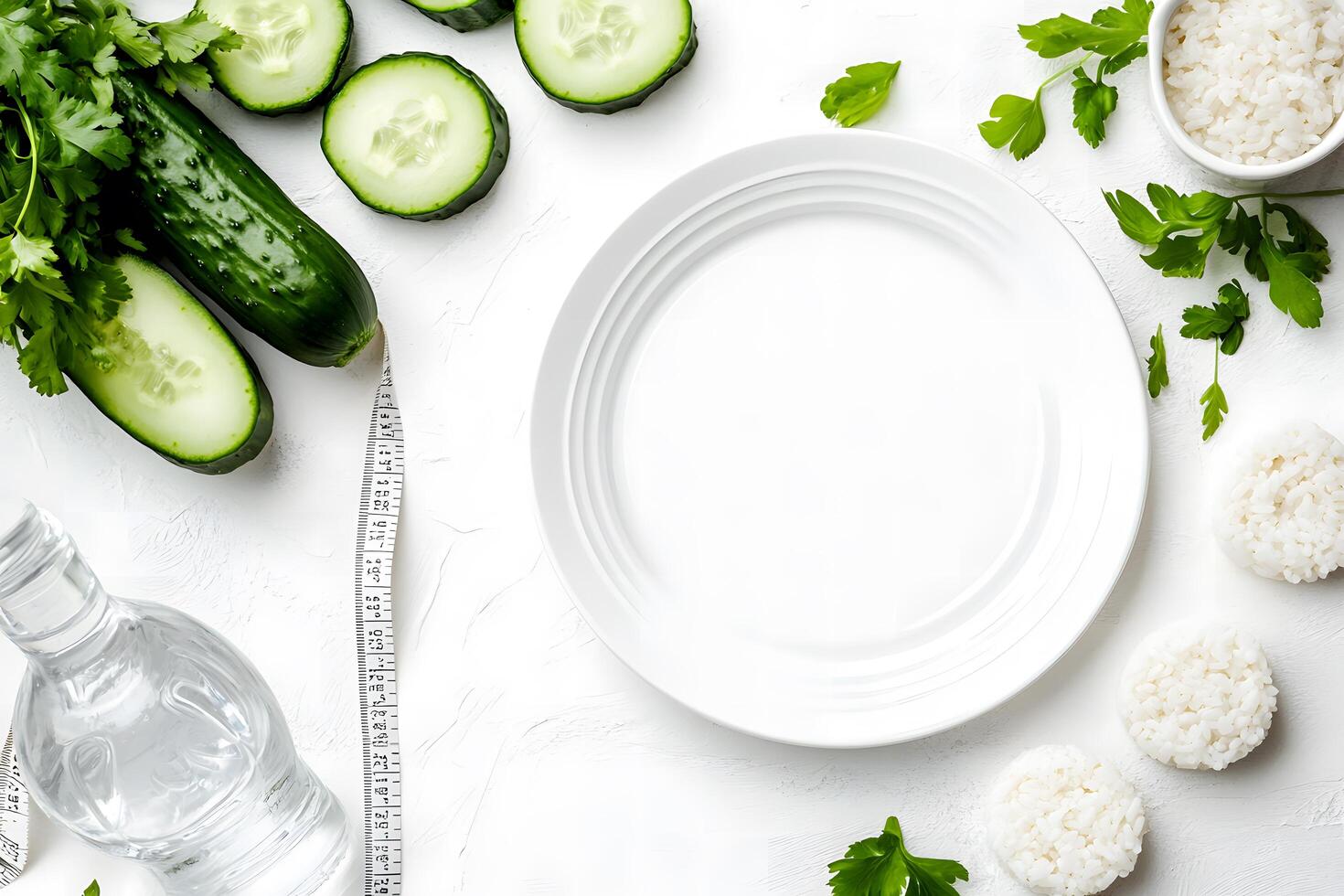 Fresh cucumbers, rice and water surround an empty white plate with measuring tape on a white background photo