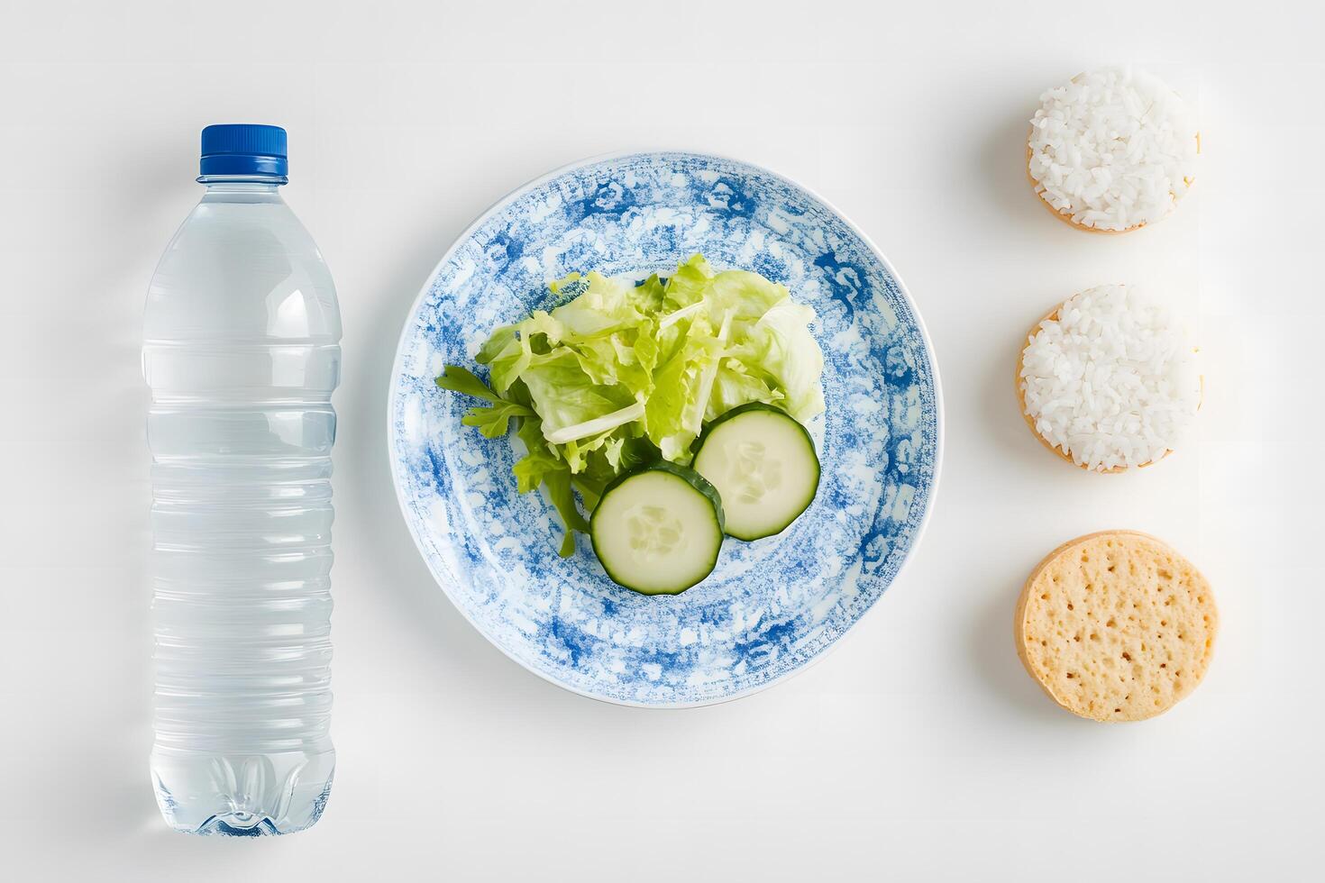 A fresh salad plate rests near water and rice cakes on white backdrop photo