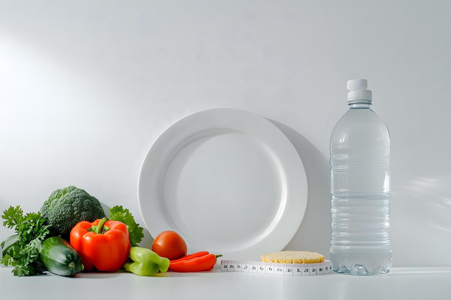 Colorful vegetables surround a white plate, water bottle, cracker, and measuring tape on the table photo