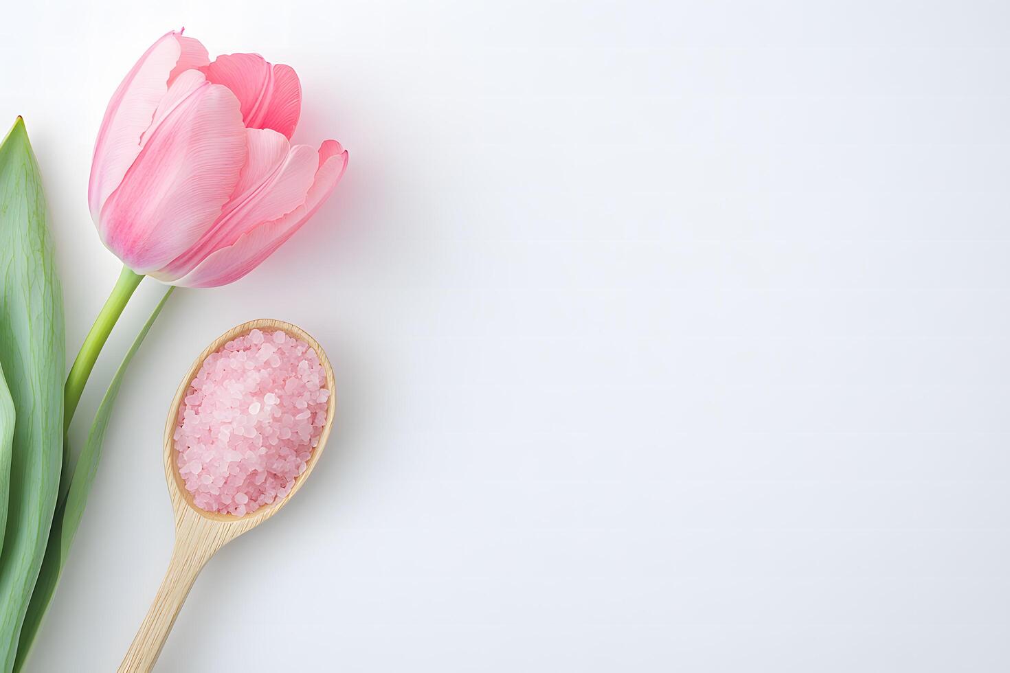 Top view displays pink tulip beside wooden spoon holding bath salt on white photo