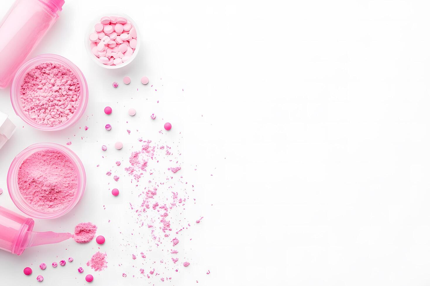 Open containers display pink supplements and tablets scattered across a clean white background, providing space photo