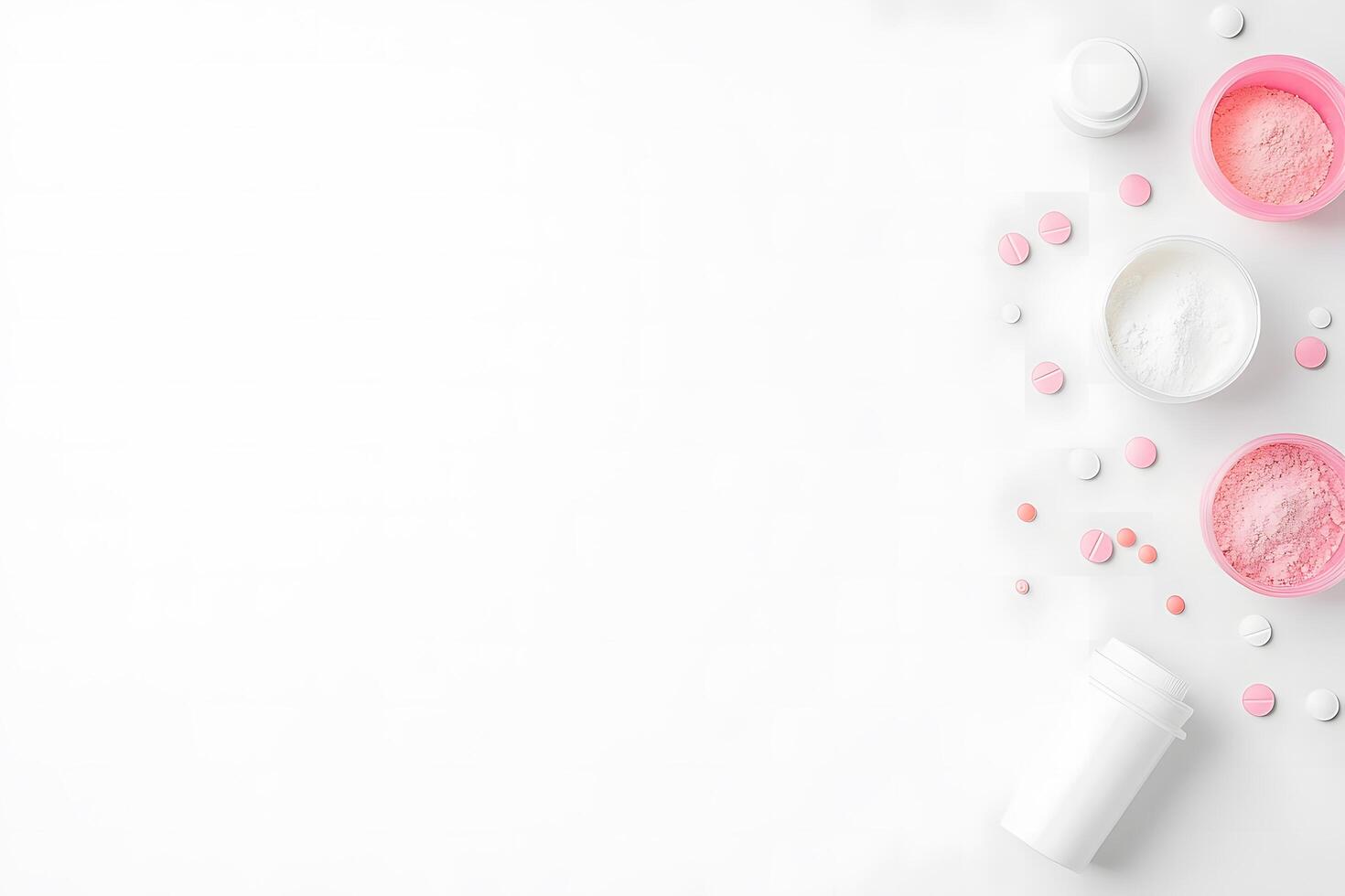 Pink and white powder supplements with tablets creatively placed on white background showcasing various containers photo