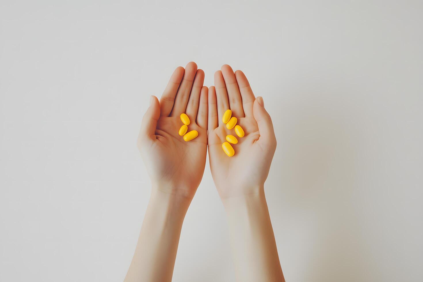 Caucasian hands hold yellow vitamins capsules in both open palms on a white backdrop photo