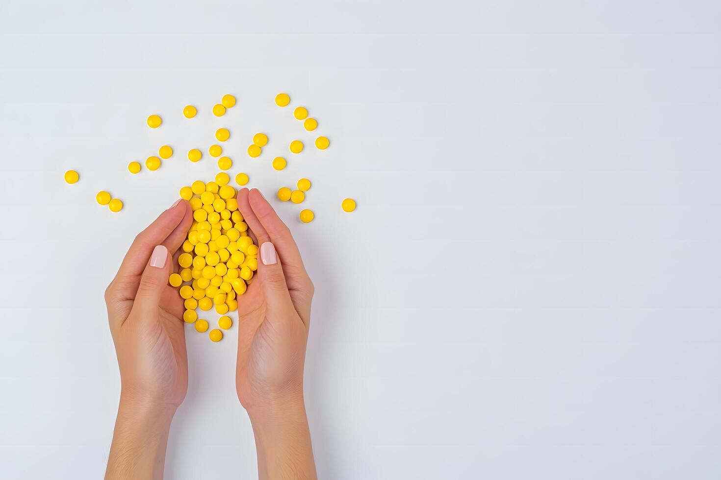 Two fair skinned hands cradle a pile of yellow round pills on white backdrop photo