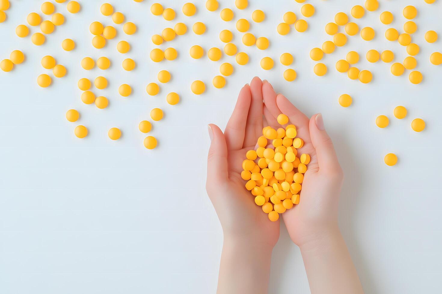 Woman's hands hold bright yellow supplements scattered on a white background offering medication solutions photo