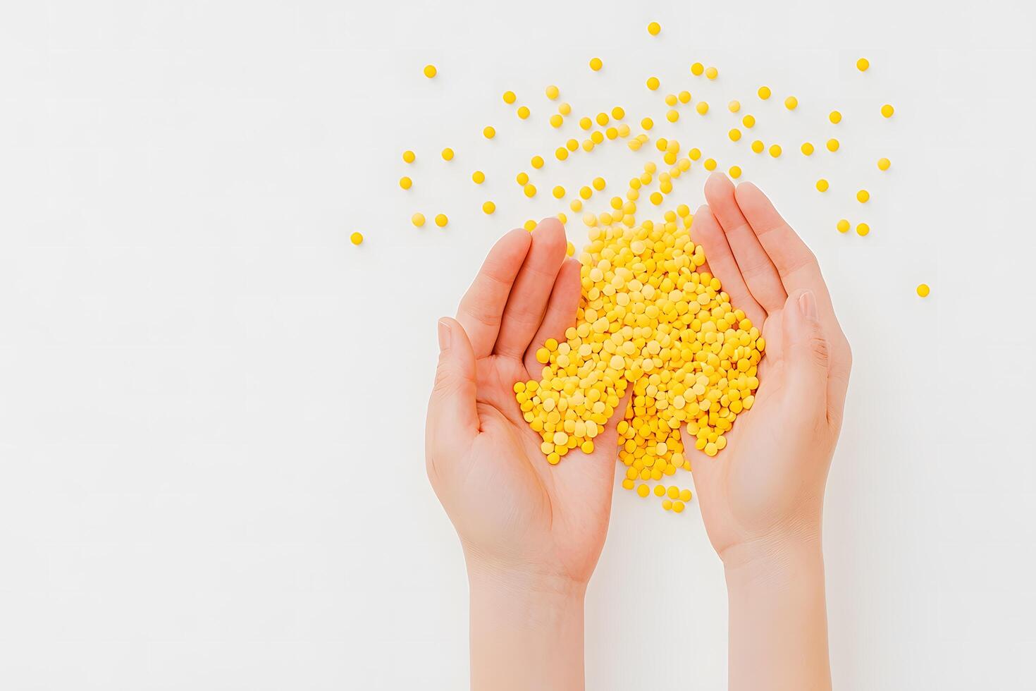 Caucasian hands are gently holding yellow lentils against a pristine white background photo