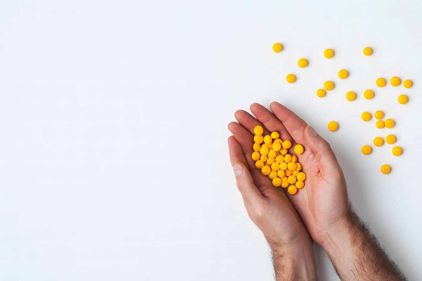 Hands hold vibrant yellow pills against clean white background, depicting health and wellness photo