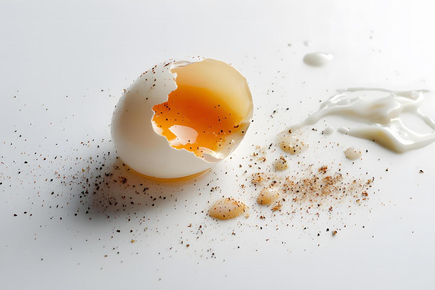 Cracked white egg reveals bright yolk, seasoned with pepper, rests near spilled cream photo
