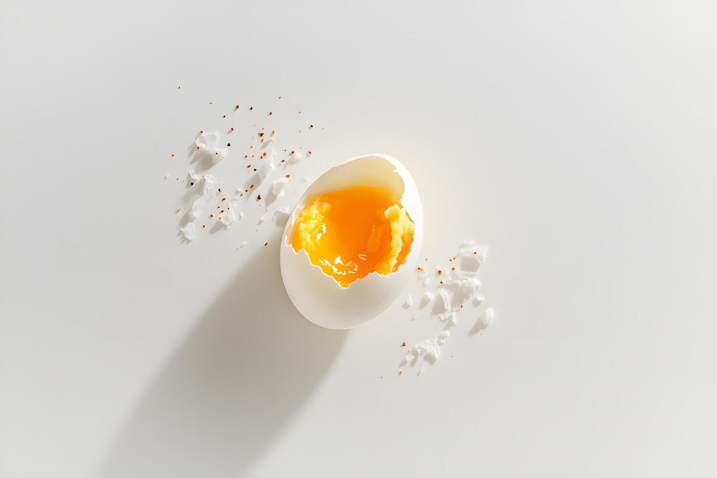 Soft boiled egg with a cracked shell and yolk spilled over a white surface photo