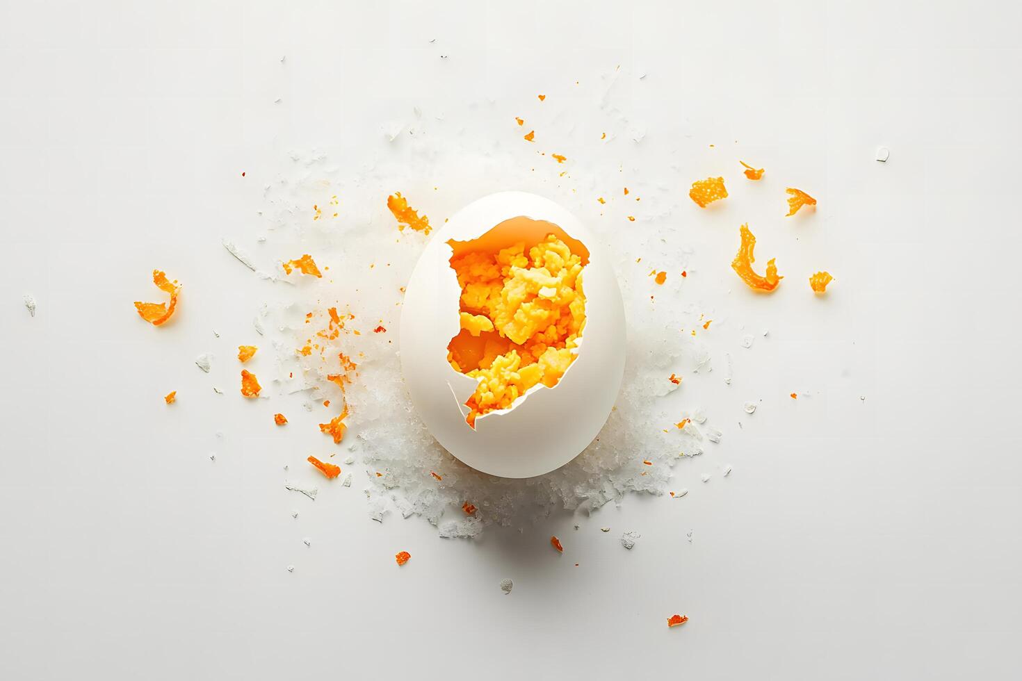 Top view shows broken egg with yolk pieces amid icy shards on white photo