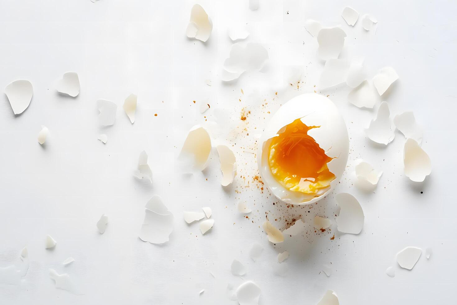 The soft boiled egg with a bright yolk sits amidst its shattered shell photo