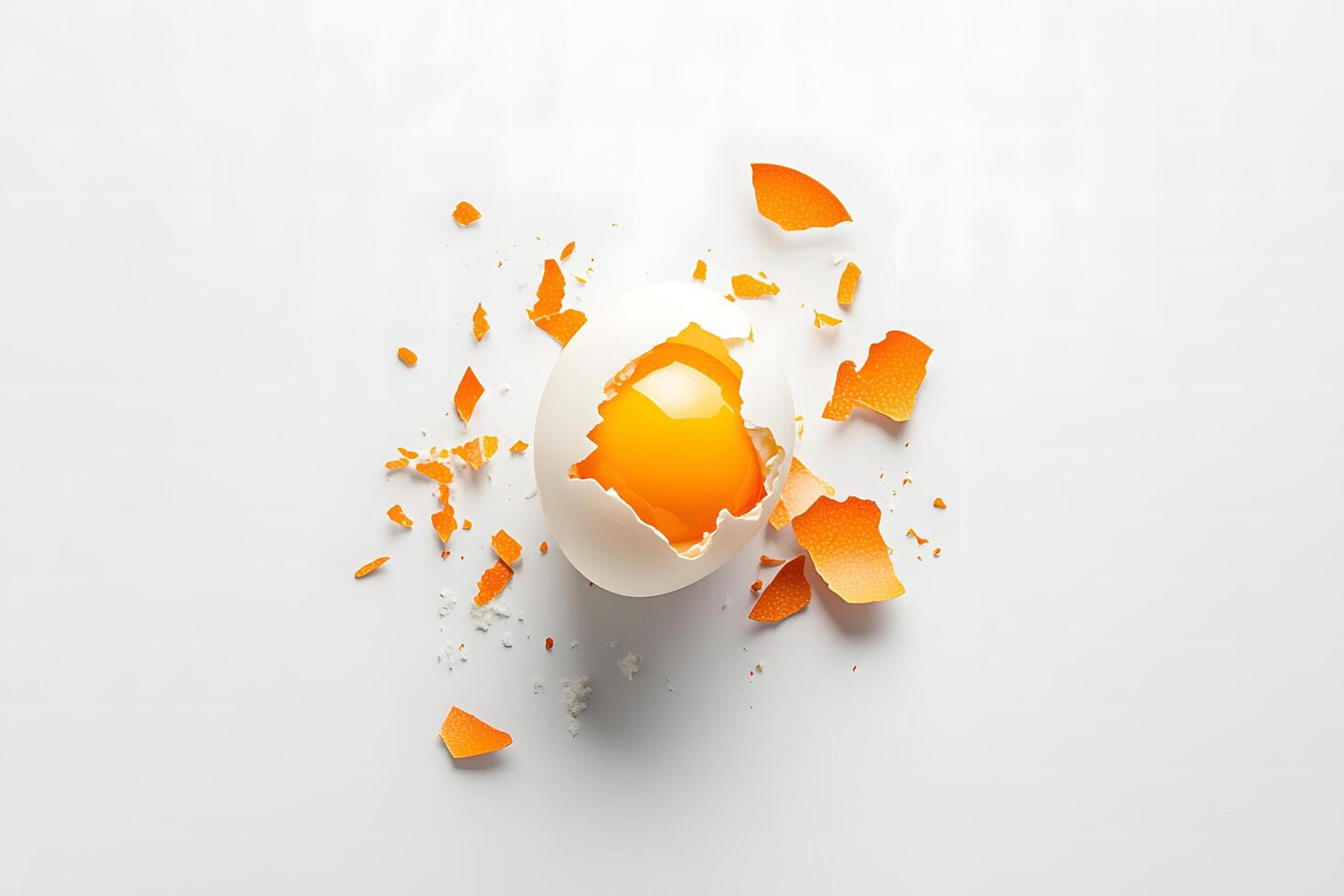 Shiny egg yolk is seen inside a broken shell with orange pieces around photo