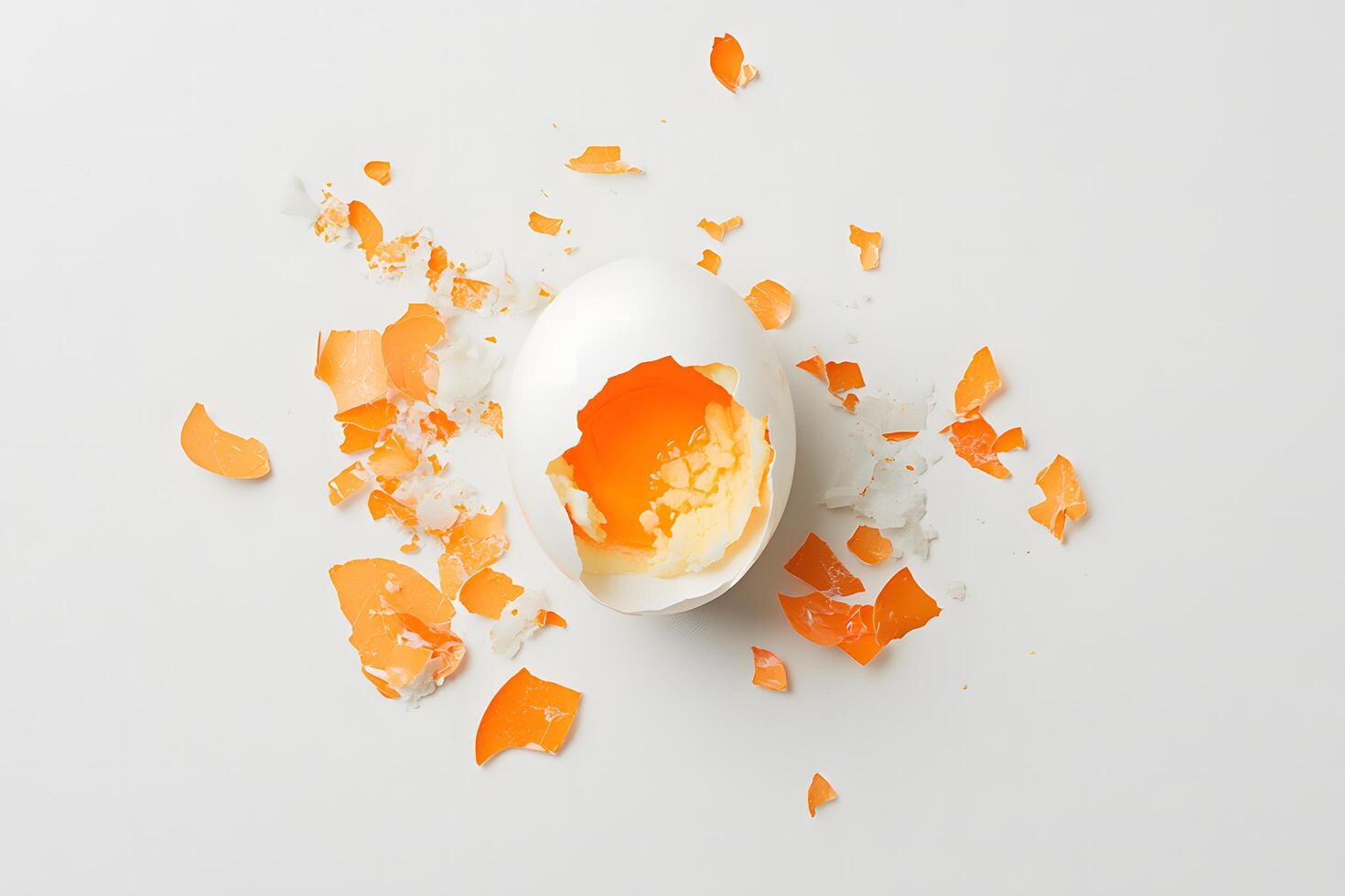 Cracked white egg with yolk surrounded by scattered shell fragments on clean background photo