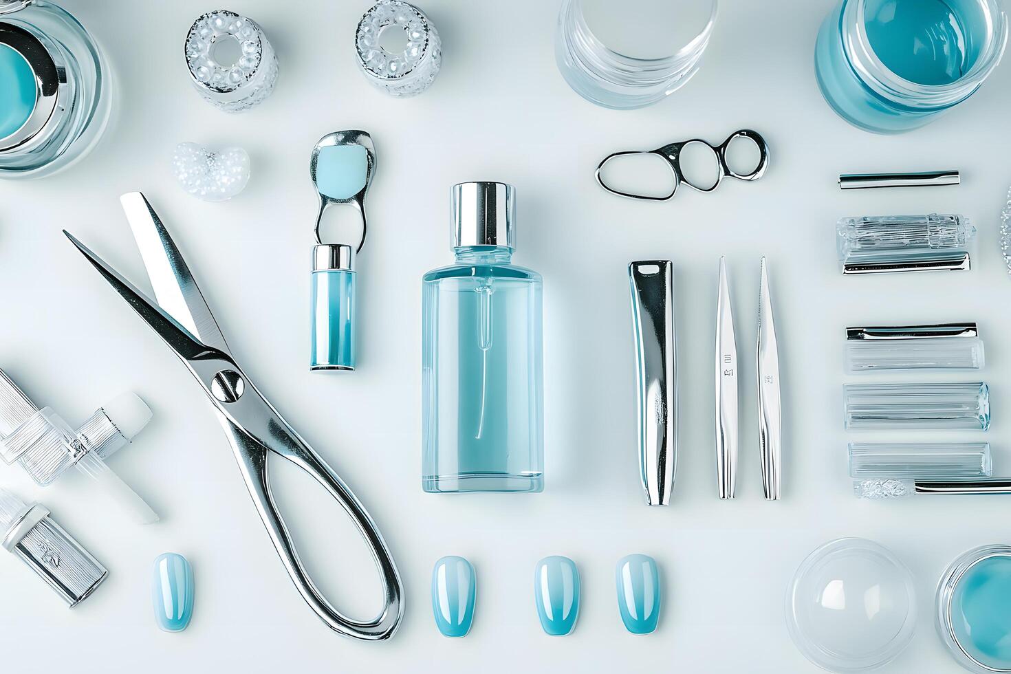 Manicure accessories flat lay displays polished artificial nails and gleaming implements on light background photo