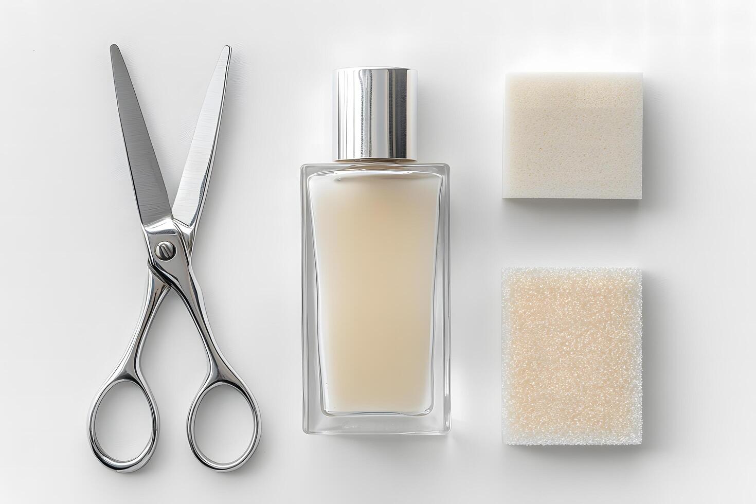 Elegant silver scissors rest near glass perfume bottle and two beige sponge applicators photo