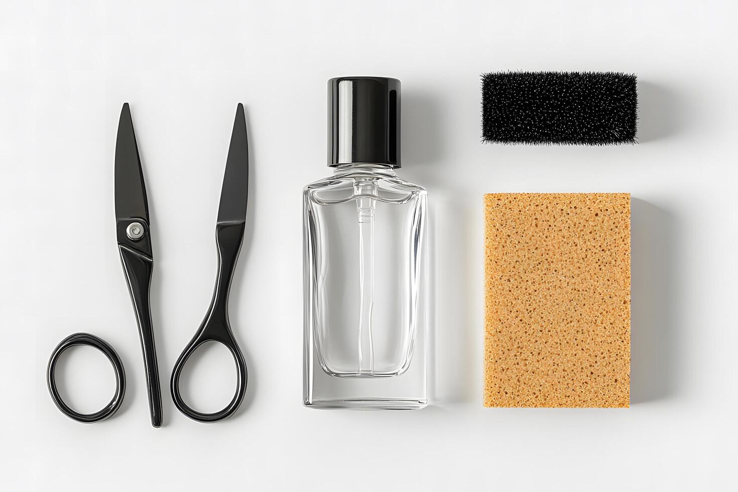 Two black scissors rest by clear glass cologne alongside brush and sponge photo