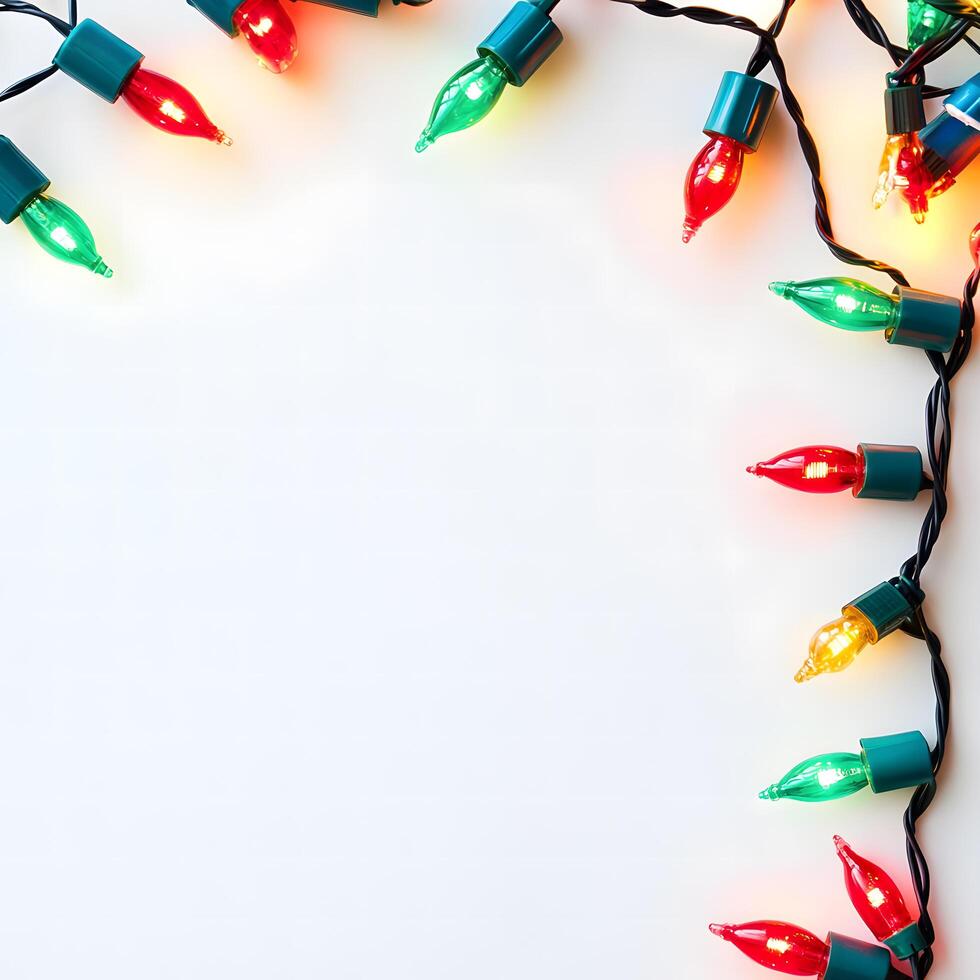 Glowing Christmas lights frame a bright white surface, casting a warm holiday mood photo