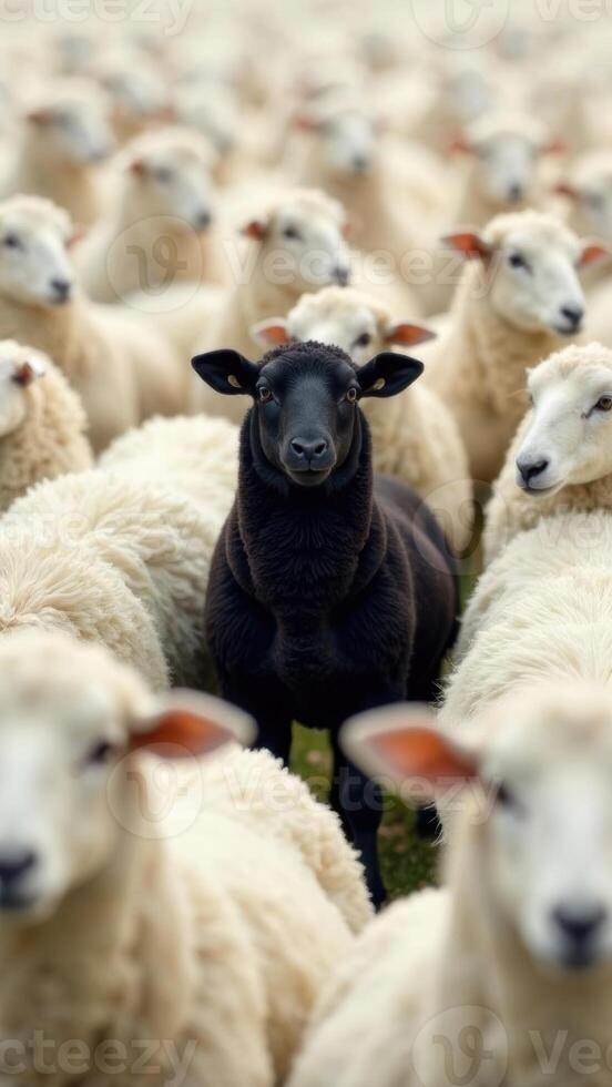 A black sheep standing in a herd of sheep photo