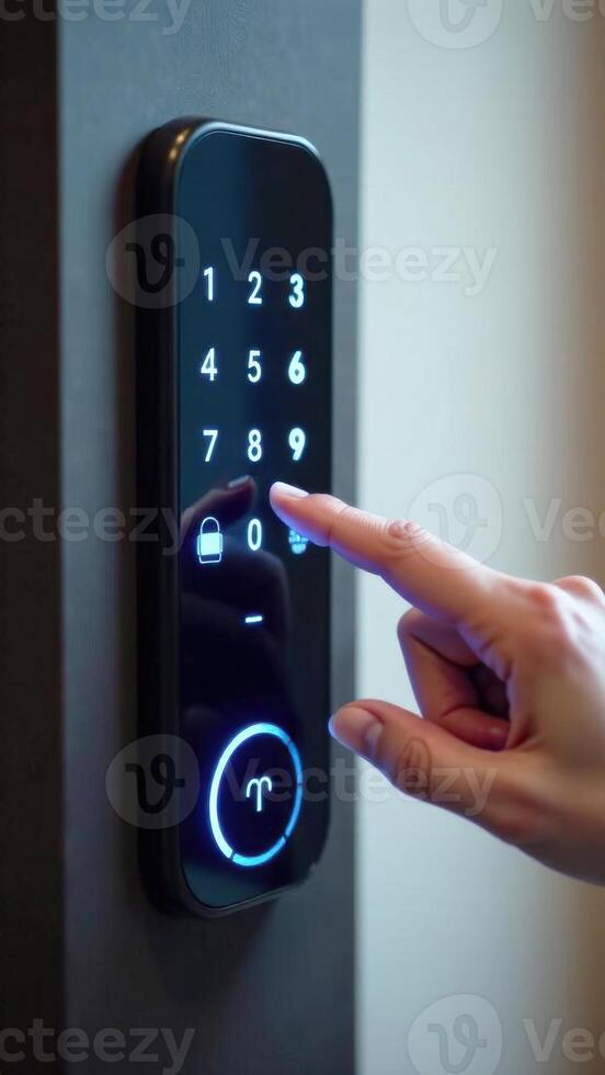 A person pressing the button on a smart door lock photo