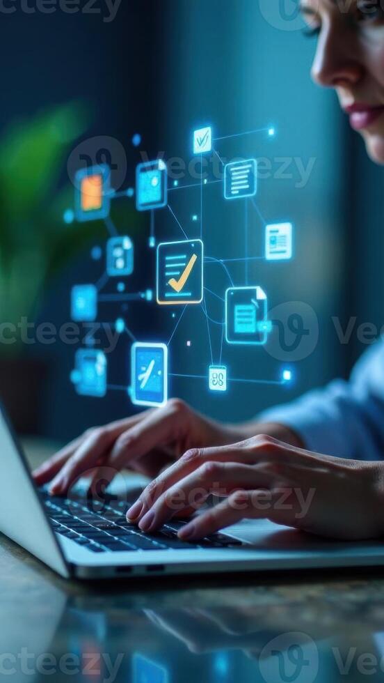 A woman using a laptop with icons on the screen photo