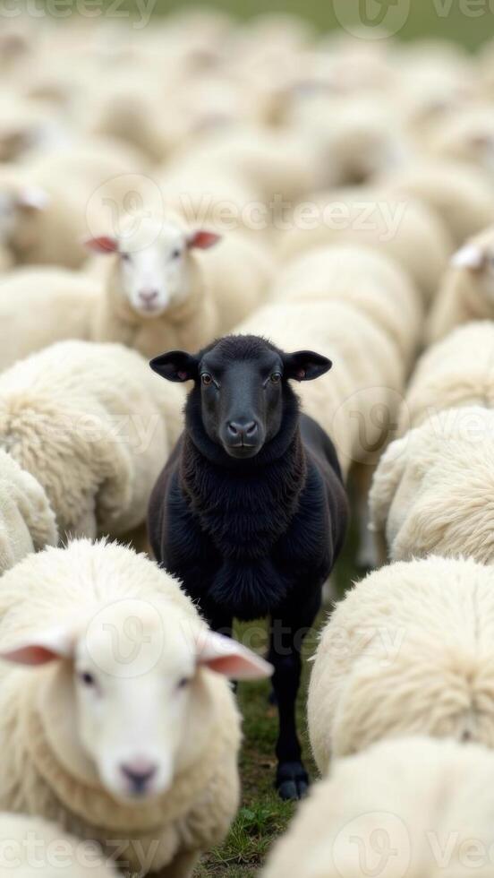 A black sheep is surrounded by a herd of sheep photo