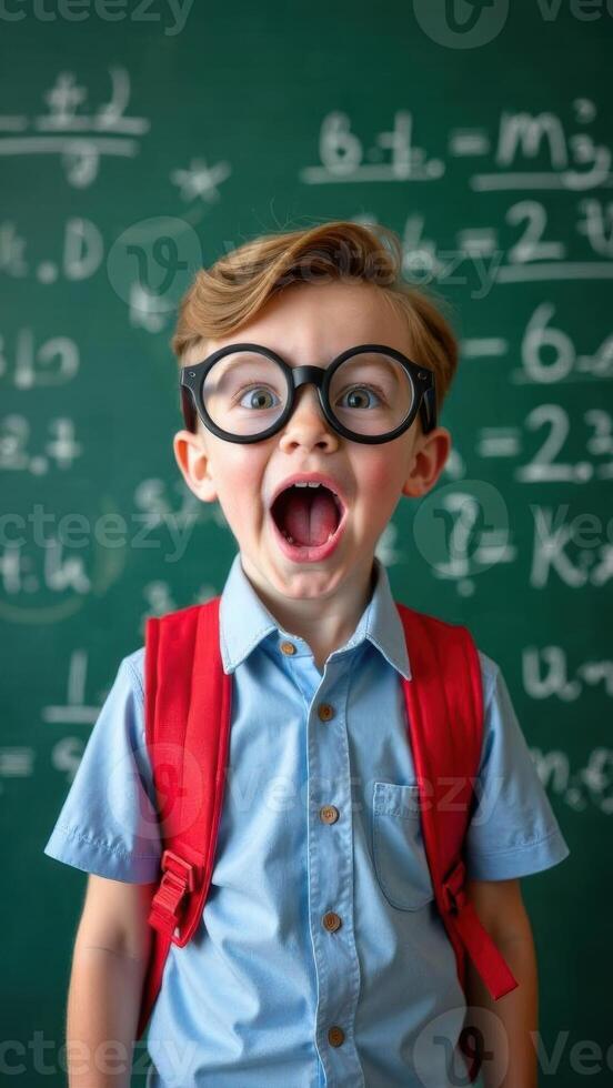 A young boy wearing glasses and a backpack is making a face photo