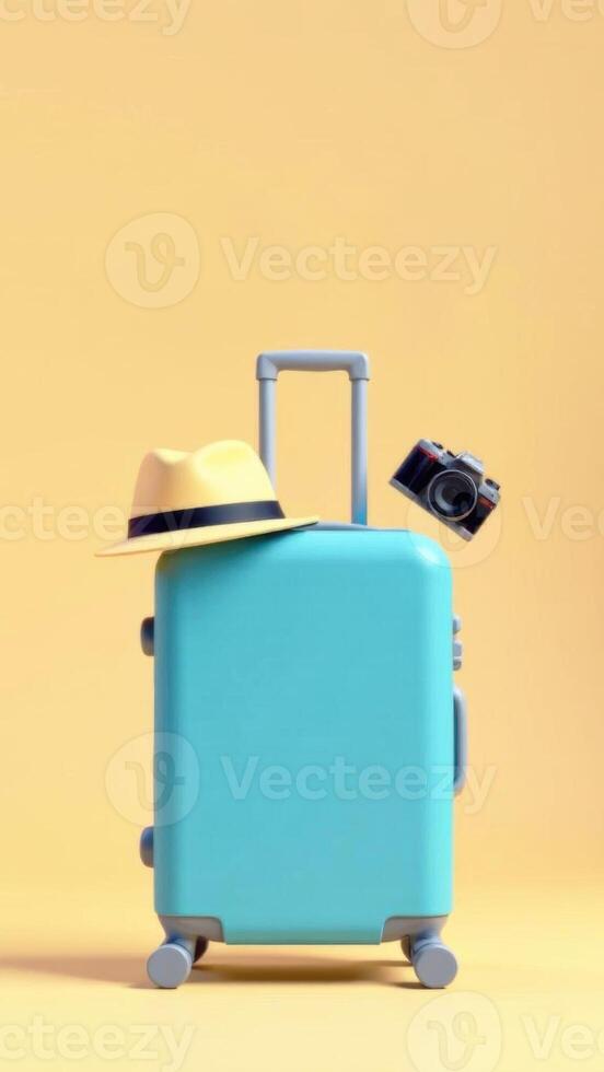 Colorful blue suitcase with a stylish hat and camera ready for travel adventure, showcasing travel essentials and summer vacation vibes, travel concept photo