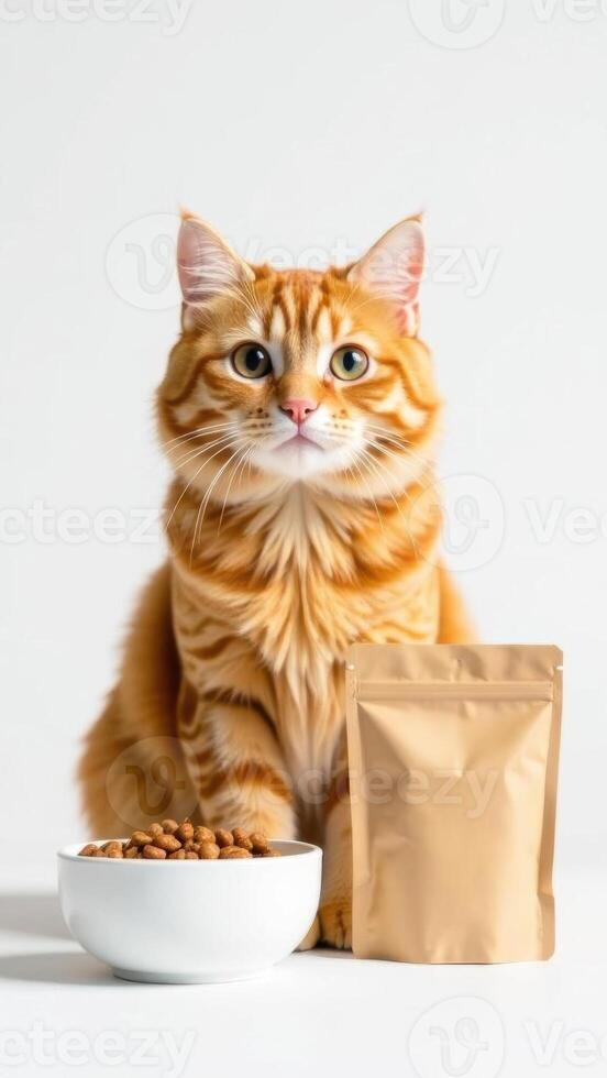 Orange tabby cat sitting beside a bowl of dry cat food and a bag of pet food, showcasing a healthy diet for pets, pet nutrition concept photo