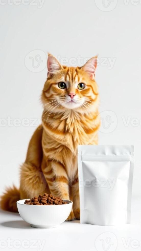 Orange cat sitting beside a bowl of cat food and a bag of pet food on a white background showcasing a healthy pet lifestyle concept photo