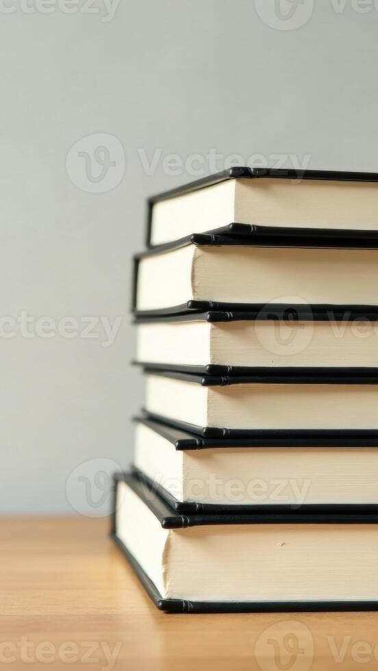 A stack of books on a wooden table photo