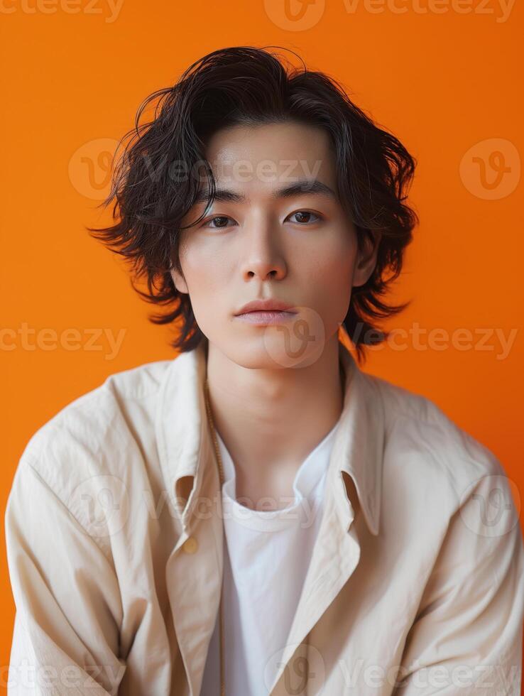 A young man with long hair and a white shirt photo