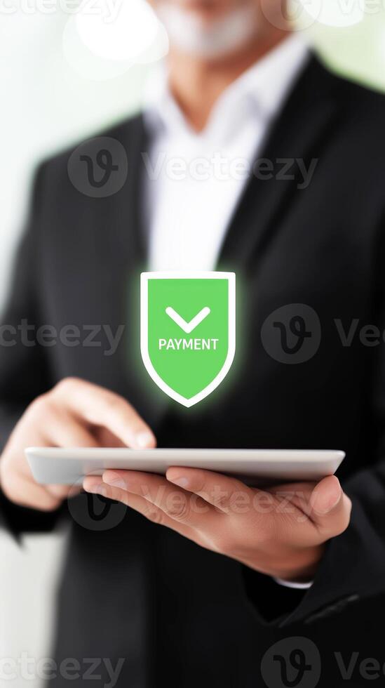Businessman holding tablet with green shield on it photo