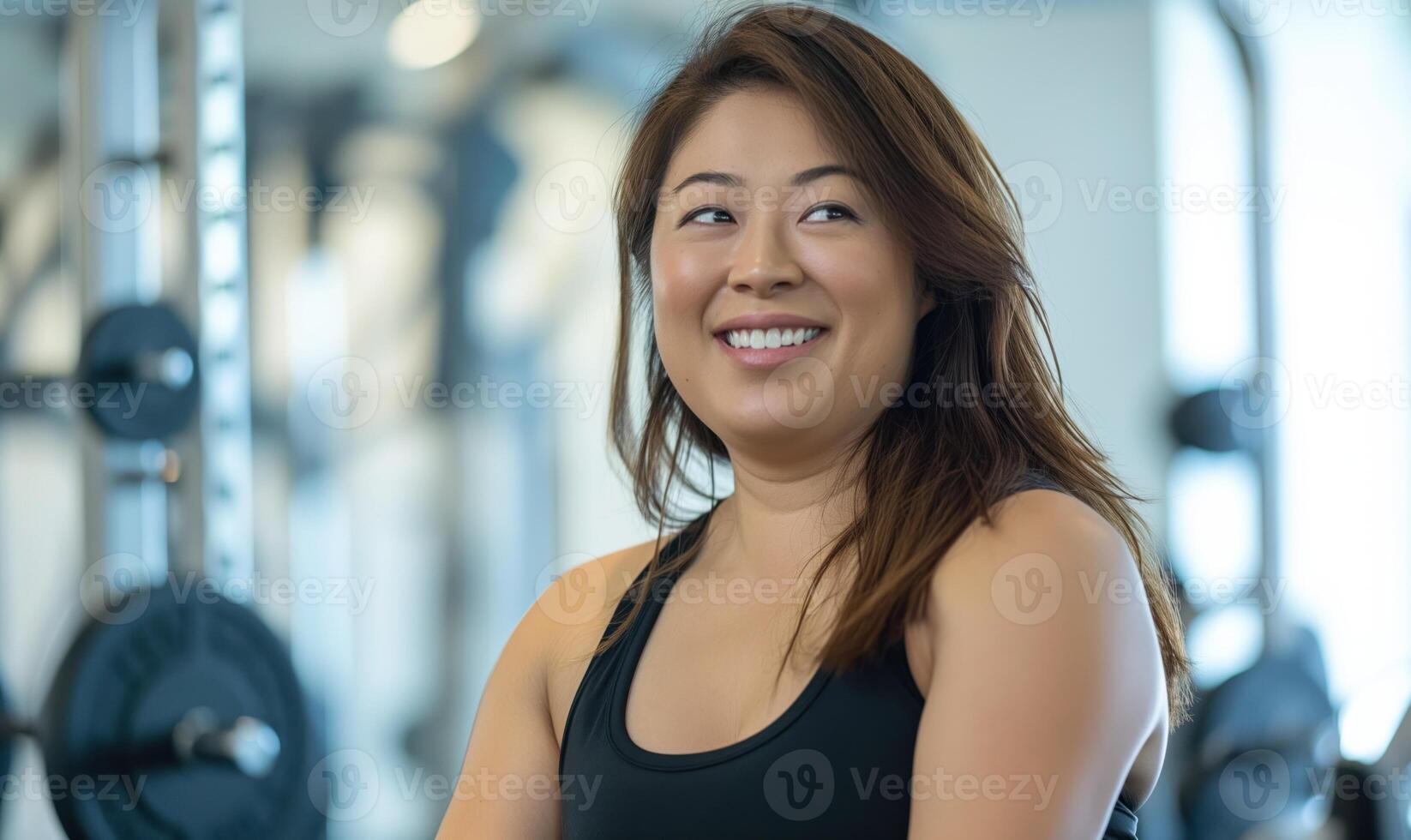 A woman smiles while sitting in a gym photo