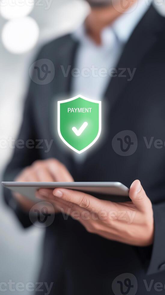 Businessman holding tablet with payment symbol on screen photo
