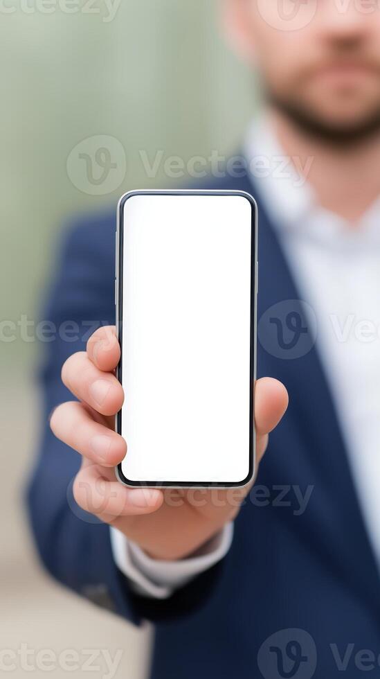 A man in a suit holding up a blank screen photo
