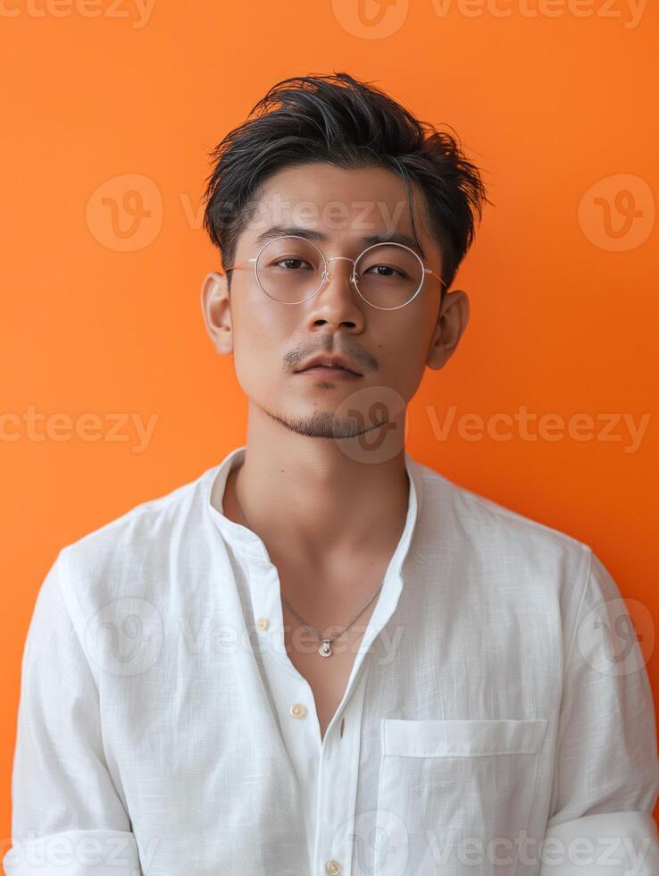 Asian man wearing glasses and shirt against orange background photo