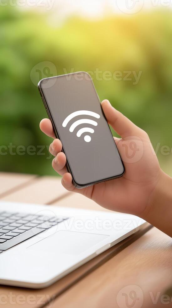 A person holding a smartphone with wifi symbol on the screen photo