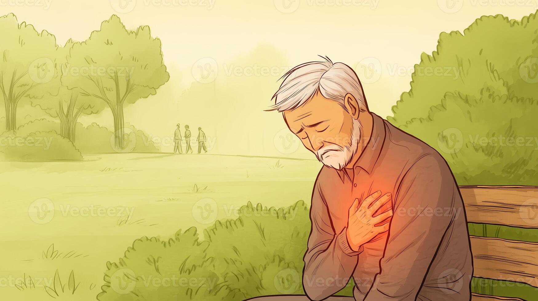 An elderly man sitting on a bench with his chest on fire photo