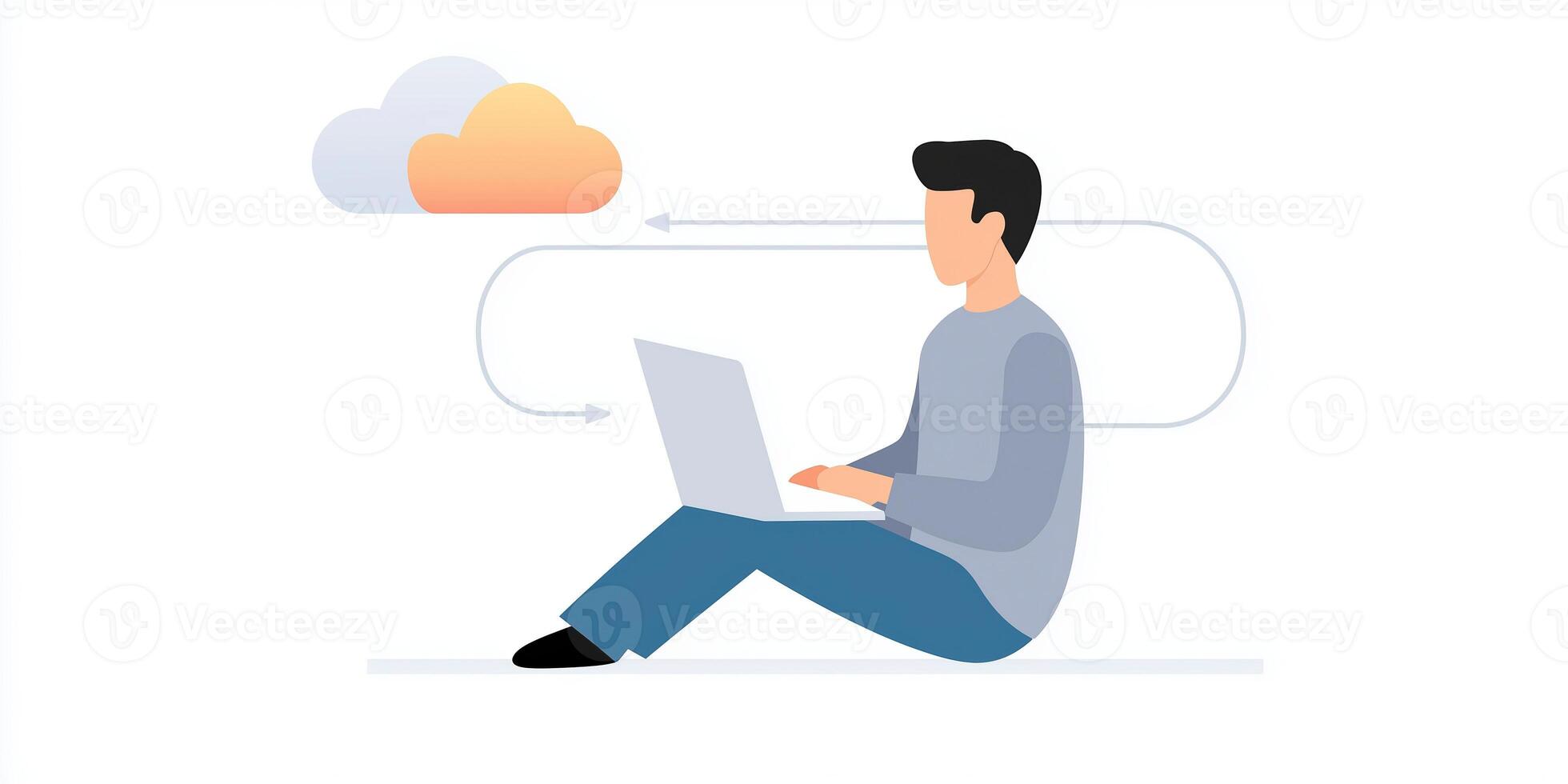 Man sitting on the floor with laptop and cloud icon photo