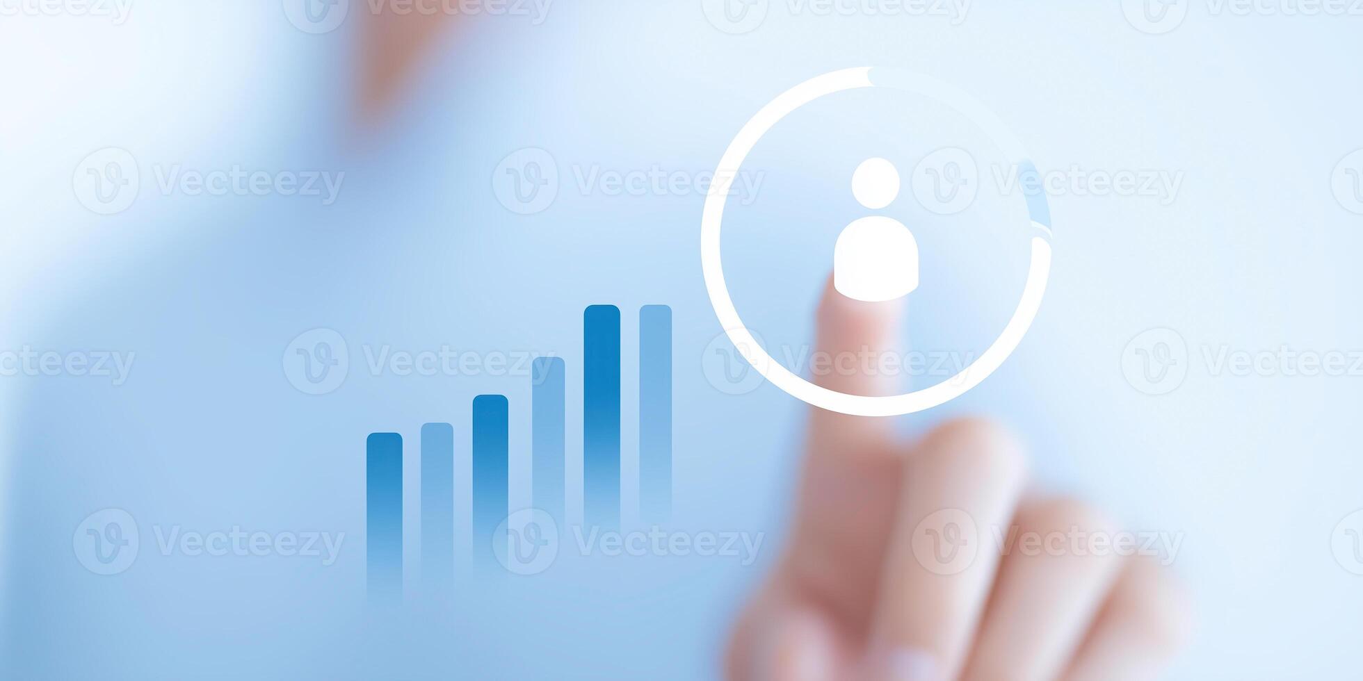 A business person is touching the button with the word 'customer' photo