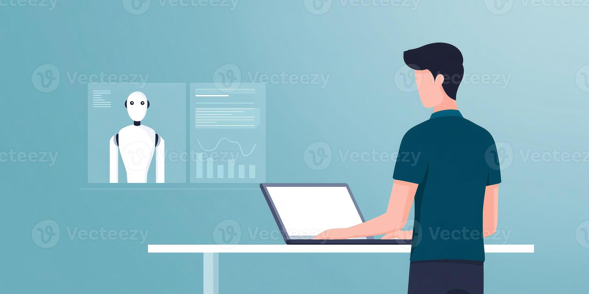 A man is working on his laptop while looking at a robot photo