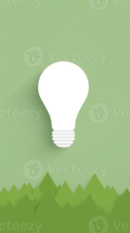 Green light bulb on green background with mountains illustration photo