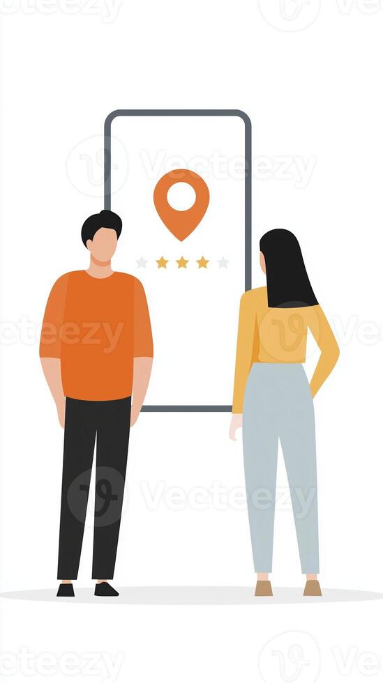 A man and woman are standing next to a screen with a map pin photo