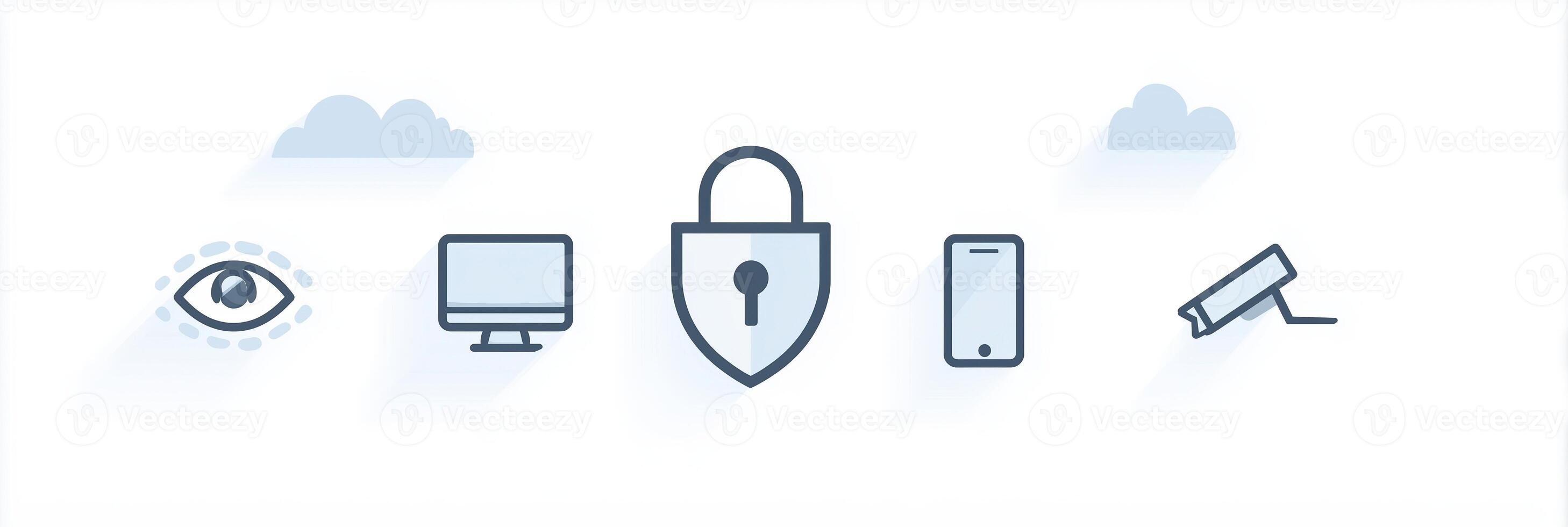 Security and privacy concept with various symbols representing protection, surveillance, and technology in a modern digital environment photo