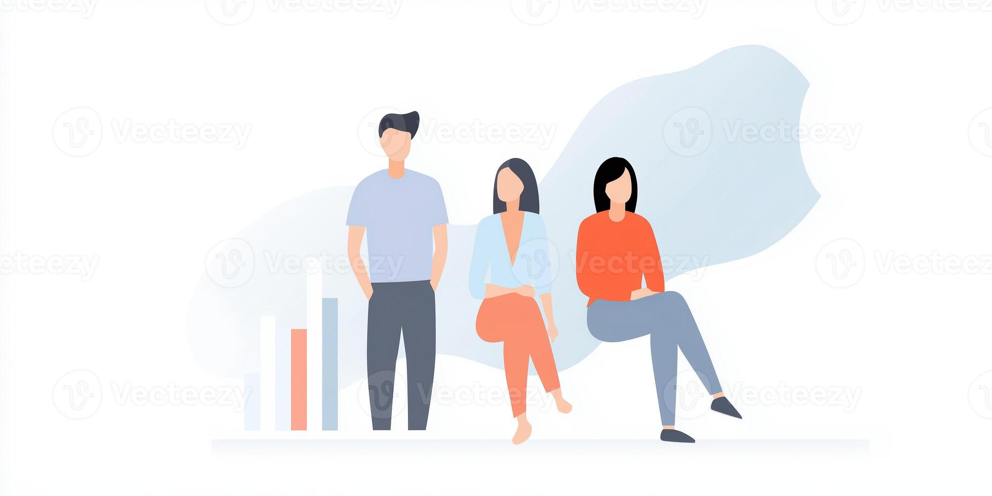 Group of three diverse individuals sitting together with a background of abstract shapes and a bar graph representing teamwork and collaboration concept photo