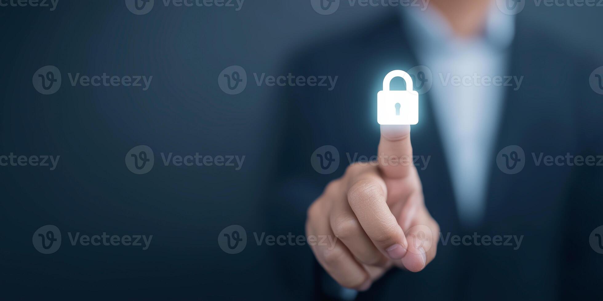 Businessman touching digital lock icon for security concept in modern technology, cybersecurity, data protection, privacy, and online safety solutions photo