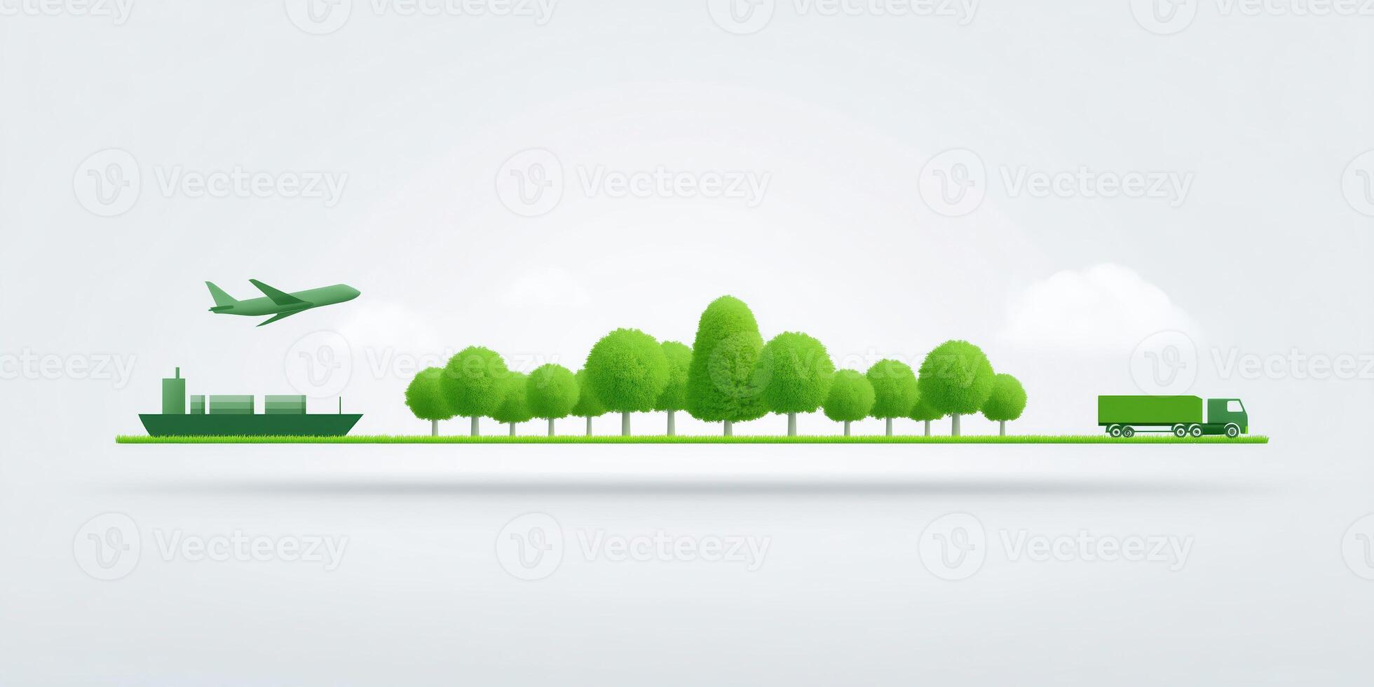Green transportation concept featuring an airplane, cargo ship, and truck with trees on a white background representing eco-friendly logistics and sustainability photo