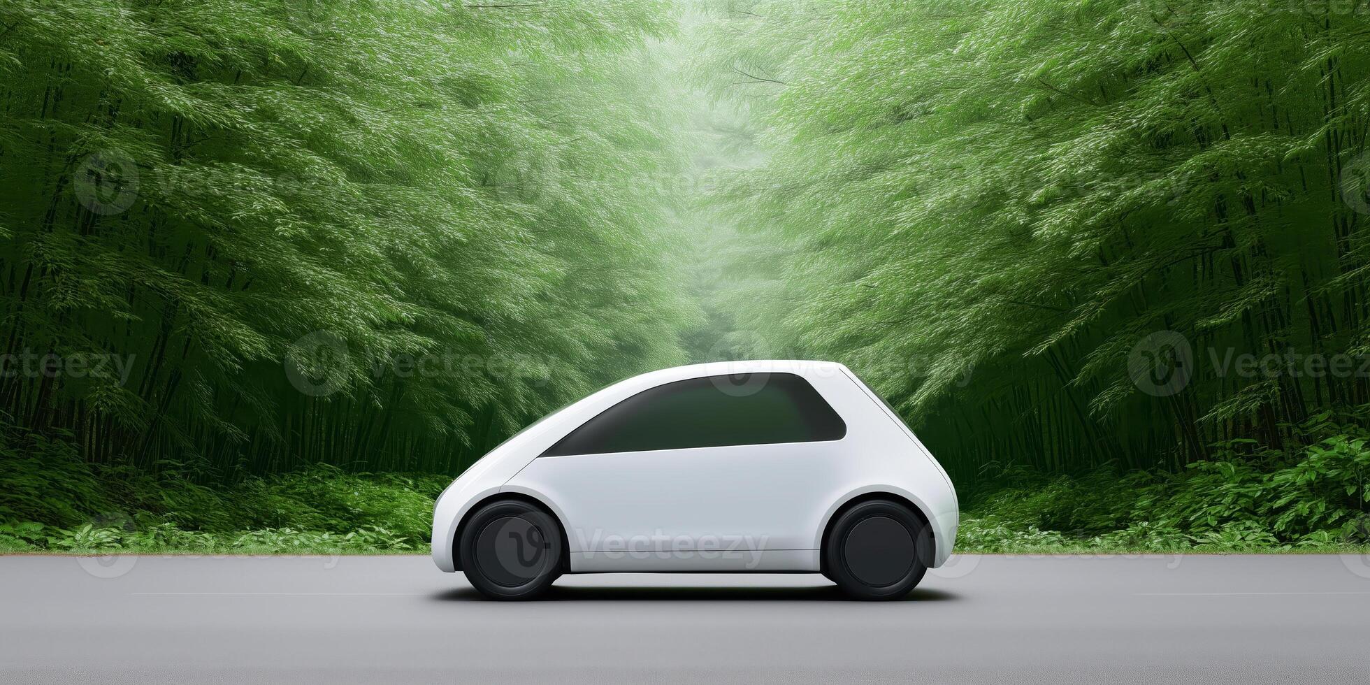 A small electric car is driving through a forest photo